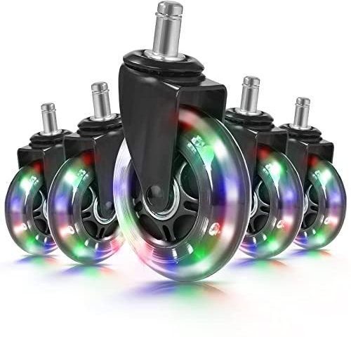 Office Chair Castors, Set of 5 Heavy Duty Replacement Swivel Wheels with RGB Color Changing Lights - Universal Fit for Hardwood, Tiles, and Carpet - 11 x22 mm Quiet Rolling Castors for Standard Chairs