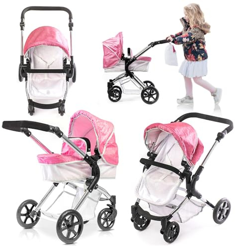 Roma Stephanie Sparkle Dolls Pram for Ages 3+, 2-in-1 Pink Dolls Pushchair with Seat or Carrycot, Foldable for 42cm Doll, Ideal, Great for Reborns