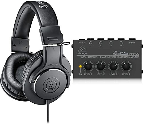 Audio-Technica M20x Auriculares de Estudio Profesionales para grabación de Estudio, Creadores, podasts y Escucha Diaria. & Behringer MICROAMP HA400 Amplificador
