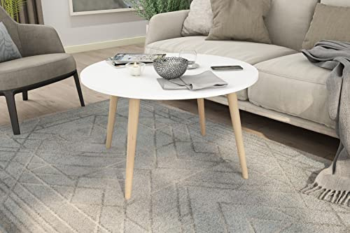 byLIVING Couchtisch Lasse/runder Sofatisch/Tischplatte Melamin weiß/Füße Massivholz Buche Natur hell-braun/Beistelltisch in skandinavischem Stil/D 80, H 46 cm