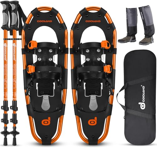 Odoland Raquetas de Nieve Juego 4 en 1 para Hombres y Mujeres, Raquetas Nieve Ajustables con Bastones de Trekking, Polainas de Pierna Impermeables y Bolsa de Transporte, Naranja, L