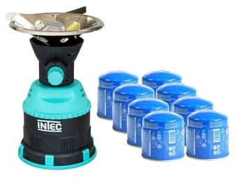 INTEC - Réchaud à Gaz Portable 1200W + 8 Cartouches Gaz 190g Incluses – Allumage Piézo, Mini Réchaud de Camping/Randonnée/Pêche – Compact et Léger pour Globe-Trotter.