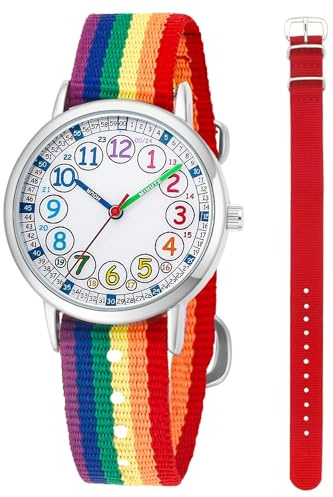 CHAOTECHY Montre-bracelet à quartz analogique pour enfants - 2 pièces - Bracelet interchangeable en textile - Pour apprendre à lire l'heure, Arc-en-ciel + violet, Sangle