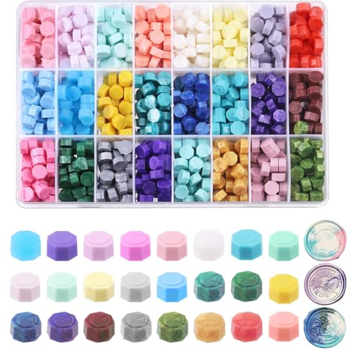 Swpeet 1 200 st 24 färger 8 mm sigill vaxpärlor kit, åttakantig vaxsigill pärlor sigill vax pellets perfekt för vaxsigill stämplar, bröllopsinbjudningar, presentförpackning, kuvert