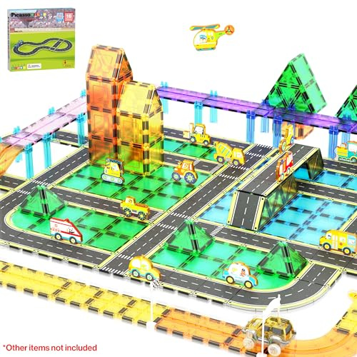 PicassoTiles Magnetiska plattor, bilbana, äventyrstema, tryckt väg, bana, bana, motorväg, magnetisk kakel, blockkonstruktion, rollspel, spelset, STEM 3+, PTE16