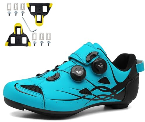 NGARY Chaussures de Cyclisme pour Hommes Femme Chaussures de Vélo de Route de Course pour l'intérieur/Extérieur Compatibles Pelaton Look SPD SPD-SL Delta Cleats,Bleu,43 EU