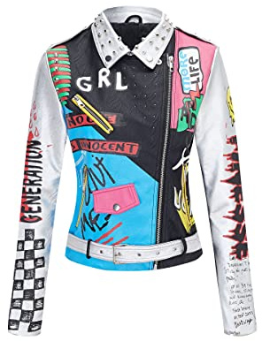 Giolshon Mujer Chaqueta de cuero sintético Remache tachonado Moto Floral Biker Abrigo de solapa corta 0479 Negro Plata L