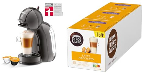 NESCAFÉ DOLCE GUSTO Krups KP1238 Mini Me Coffee Capsule Machine, 15 Bar, Compact, High Pressure Coffee Machine, Over 30 Coffee Creations, Choice of Drink Size, Black/Anthracite mit Latte Macchiato