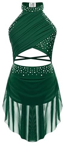 iiniim Vestido de Patinaje Artístico para Niñas Vestido Danza Lírica y Contemporánea Maillot con Falda Ballet de Malla y Pedrería Brillante Disfraz Bailarina 5-16 Años Verde 9-10 años
