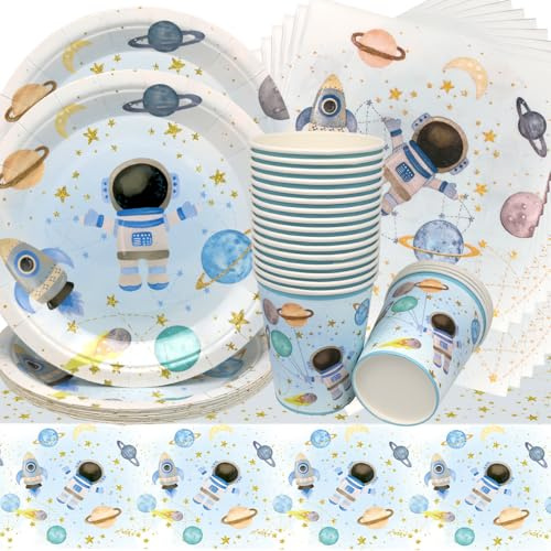 Doyomtoy Stoviglie da festa astronauta, 61 pezzi spazio carta tazze tovaglioli per baby shower decorazioni