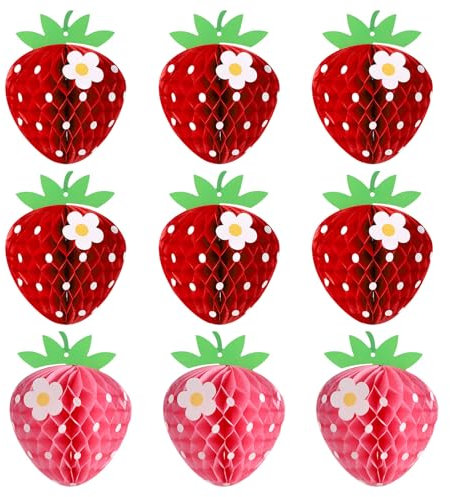 9pcs Strawberry Honeycomb Balls, Paper Strawberry Table Centerpieces Strawberry Party Decorations Strawberry Hanging Decorations for Birthday Baby Shower Party Supplies