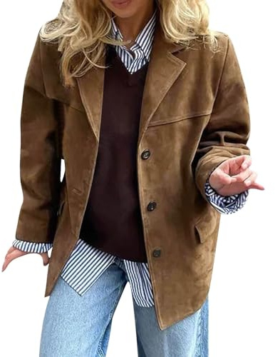CUTeFiorino dam fuskpäls mocka jacka revers krage mocka blazer jackor vinter läderjacka dam brun långärmad mode mocka läder kostym jackor med knappar arbetskontor jackor vinterjacka kostymer, BRUN, M