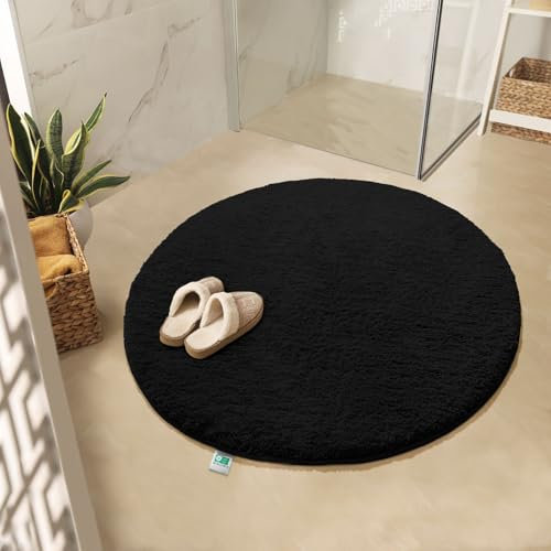 KARAT Badematte Sky, Badteppich in Rund, Dichtes, Flauschiges Wohlgefühl für Ihr Zuhause, Badvorleger rutschfest waschbar, schadstoffgeprüft (Schwarz, 95 cm (Rund))