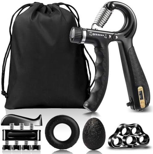 5 Pack Hand Grip Strengthener Kit, Forearm Trainer Workout, Adjustable Resistance Hand Gripper with Counter, Finger Exerciser, Finger Stretcher, Grip Ring and Stress Relief Ball for Recovery Athletes