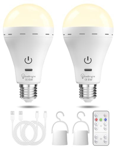 TobeBright Ampoule Rechargeable Avec Télécommande, 6W E27 LED Ampoules Batterie Dimmable, 3 Températures Couleur Ampoule LED à Commande Tactile pour Éclairage de Camping, Lumière d'Urgence, 2-pcs