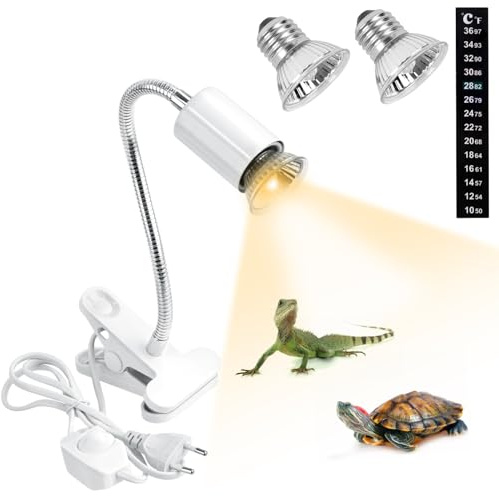 Lampe Chauffante Tortue, avec 2 Ampoules(50W UVA/UVB lampe) et Thermomètre, E27 Douille Ampoule Pince Pivotante à 360° Réglable, Lampe Reptiles et Amphibiens, pour Tortue, Serpent, Lézard (Blanc)