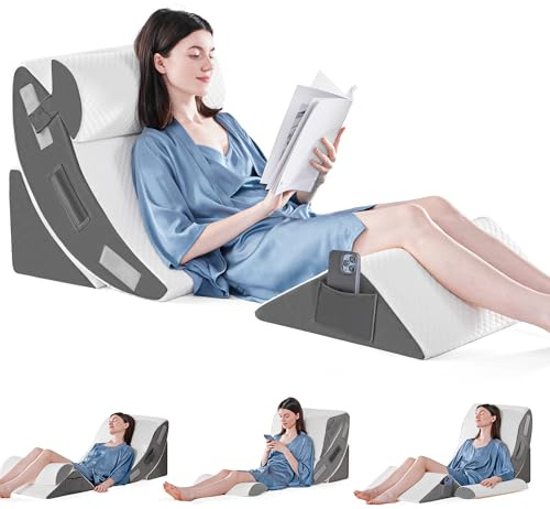 Lot de 4 oreillers orthopédiques en mousse pour dormir, post-chirurgie, soulagement de la douleur du corps, du dos et des jambes, coussin de soutien triangulaire réglable avec reflux acide gris