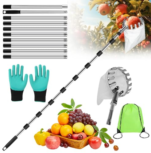 KBIBCK Raccogli Frutta telescopico, 4,2 m Raccoglitore di Frutta, Raccolta di Mele, Raccogli Frutta con Palo in Acciaio Inox Leggero, Coglitrice di Frutta per Raccogliere Mele, Ciliegie, Pere, Pesche