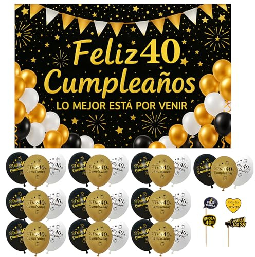 Decoración 40 Cumpleaños Mujer Hombre Photocall Pancarta 110x80cm - Fiesta 40 Años Adultos - 30 Globos Banner Telón Fondo Fotocol Español – Accesorios Divertidos – Regalos Elegante Cartel Celebración