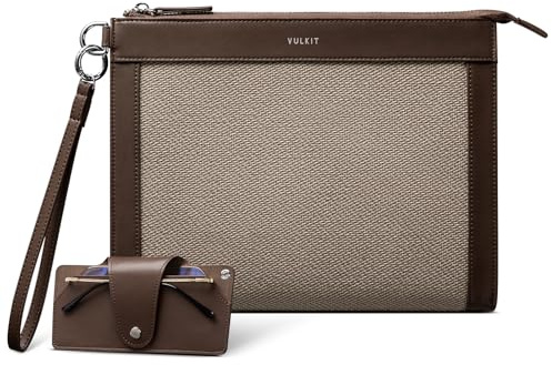 VULKIT Mens Clutch Bag, Pouch Bag for Men with Removable Glasses Case, Large Wrist Band Zipper Wallet, Business Handbag, Mocha Beige