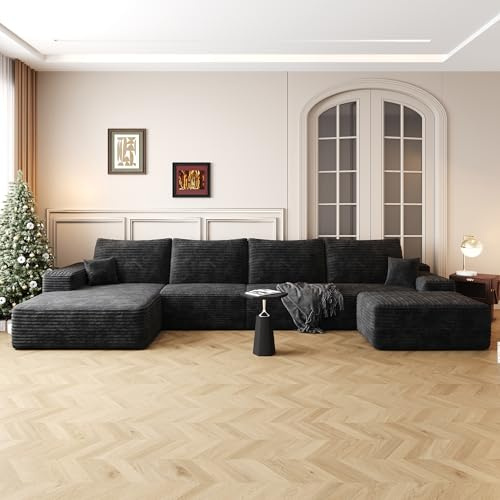 135.4 Oversized U Shaped Modular Sectional Sofa Cloud Couch with Chaise Lounge and Movable Ottoman, Fluffy Corduroy Upholstered Boneless Sofa Deep Seat Couches w/Pillows