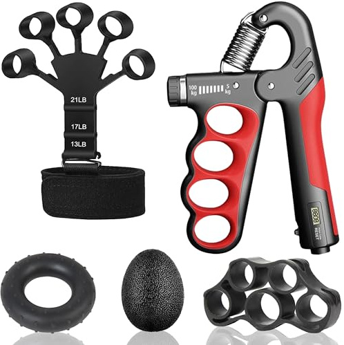 Hand Grip Strengthener Workout Kit (5-Pack) – Includes Adjustable Resistance Forearm Grippers, Finger Stretcher, Grip Ring, and Stress Relief Grip Ball for Athletes