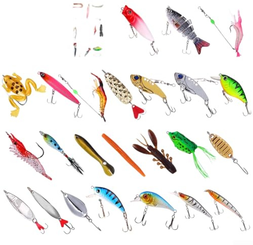Set di esche da pesca per spigole e trote, 24 pezzi, con ami affilati e esche realistiche, conservate in una scatola portatile e organizzata per un facile trasporto