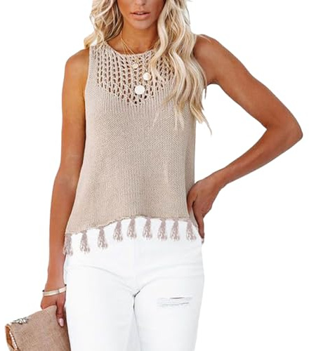 cffdviz Top De Crochet Sin Mangas para Mujer De Verano 2026 con Cuello Redondo con Recorte Flecos En El Dobladillo Chaleco Suéter