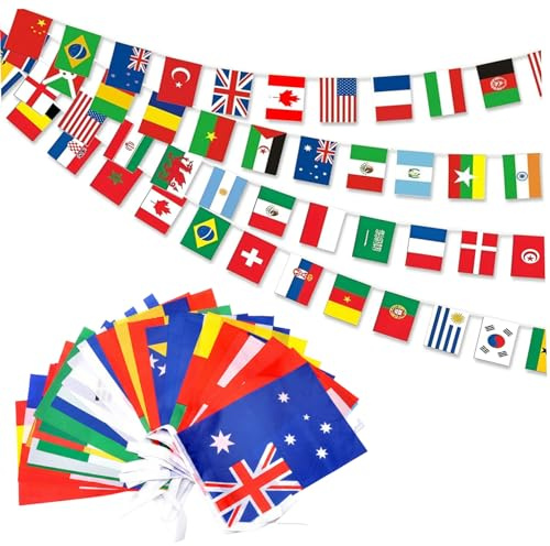 Lebendiges Banner mit Weltflaggen, 100 Länderflaggen – Polyesterschnur für Fußballpartys, Bars und internationale Dekoration