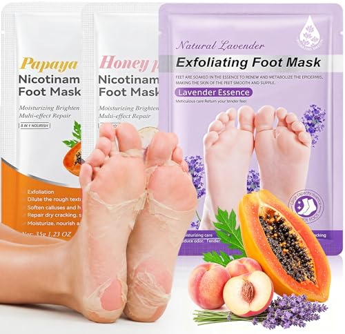 3 Pares Mascarilla para Pies Exfoliante e Hidrata nte – Calcetines Mascarilla para Piel Seca y Talones Agrietados con Manteca de Karité, Aceite de Jojoba y Vitamina E-Mascarilla para Pies de melocotón