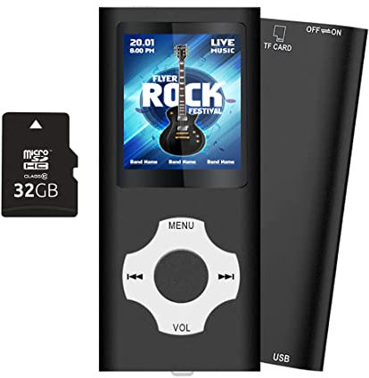 32Go Portable Lecteur Musical MP3 Sport sans Perte HiFi, Radio FM, Enregistreur Vocal, Vidéo, E-Book, pour Courir, 18 Heures de Lecture de Musique, Carte TF Jusqu’à 128 Go Noir