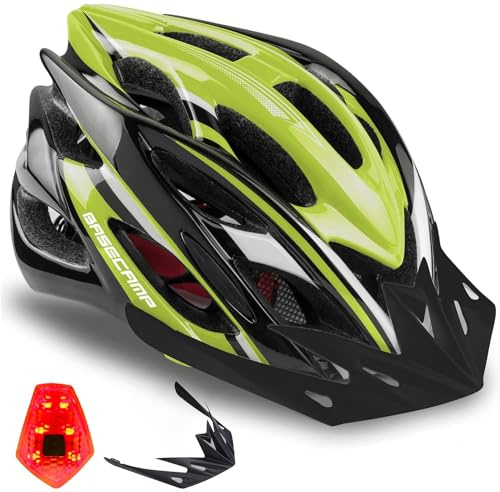 Basecamp Bike Helmet for Men Women with LED Safety Light Removable Sun Visor Lightweight Bicycle Helmet Adjustable Breathable Mountain & Road Cycling Helmets for Adult (BC-10)