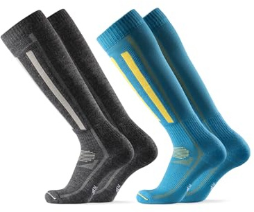 DANISH ENDURANCE Merino Wool Ski Socks, Cushioned Ski & Snowboard Socks, Thermal Knee-High Winter Socks, 2 Pack, Multicolour (1x Blue/Yellow, 1x Dark Grey), 6-8