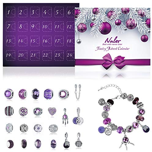 Naler Calendrier de l'Avent Bijoux 2026 Femme Fille Enfant Advent Calendar avec Bracelet Chaîne Perles Alliage DIY Cadeau Noel Ado Fille 6 7 8 9 10 11 12 Ans Violet