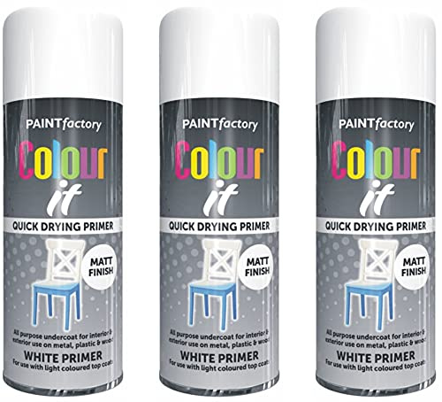 Paint Factory Brilliant White Primer Spray Paint - 3 x 400ML All-Purpose Undercoat for Metal, Wood & Plastic - Matt Finish