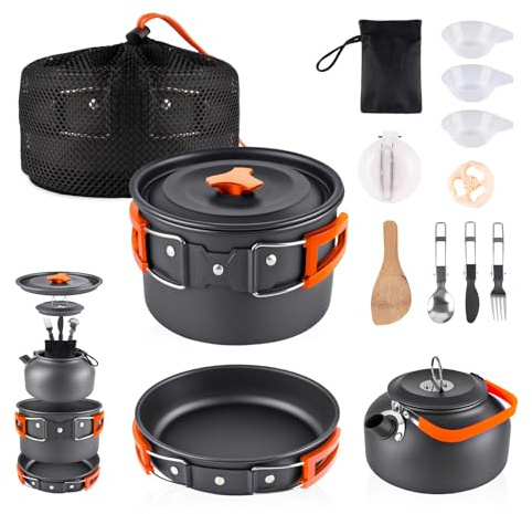 aiGear Kit de Casseroles Camping | Portable Léger Aluminium Kit de Cuisine de Camping | Ustensiles de Cuisine Kit | pour Randonnée Pique Voyage (CC5339OR)