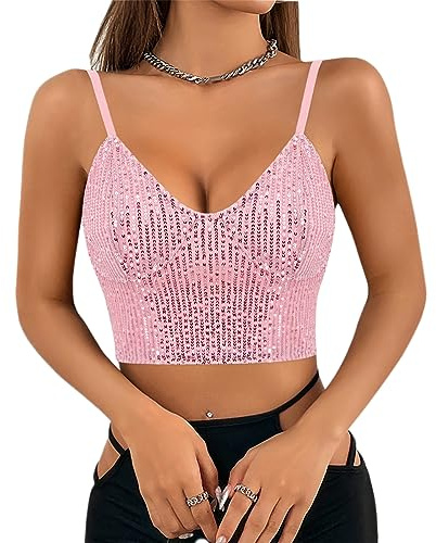 Naimo Haut court pour femme avec paillettes à strass, sans manches, avec encolure en V, veste, camisole étincelante, blouse de fête, pour rave, hauts, Rose, M
