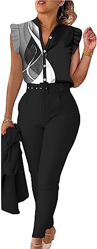 Conjunto de Pantalones de Traje de Negocios de Las Mujeres Versión Delgada del Elegante Traje de Tres Piezas de Verano Impreso Volante Manga Camisa Pantalones cinturón (Estilo 1,XXL)