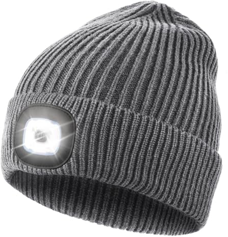 Wmcaps Mütze mit Led Licht, Strickmütze mit Licht Männer Geschenke Wiederaufladbare USB Laufmütze mit Licht Extrem Heller 4 LED Lampe Geschenke Männer Frauen Coole Sachen, Grau