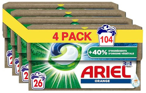 Ariel 3in1 PODS, Lessive Liquide En Capsules 26x4 Lavages, Fraîcheur Avec Une Touche d'Huile Essentielle d'Orange, Avec 40% en plus d'ingrédients végétale