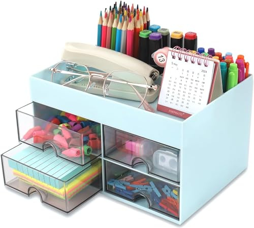 KAHEIGN Organisateur de Bureau avec 4 Tiroirs, 19CM x 14CM Organisateur de Bureau Multifonctionnel Porte-Stylo de Grande Capacité Organisateur de Maquillage pour Bureau École Maison Tableau (Bleu)