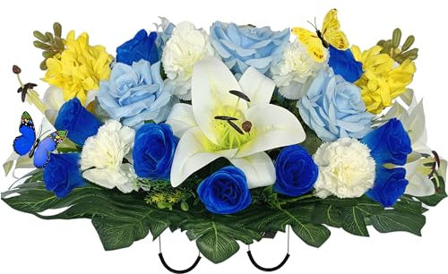 Saxili kyrkogårdsblommor för gravdekoration – huvudsten blomma sadel för minnesdag – konstgjord blå ros vit lilja nejlika gul hyacint – färgfast
