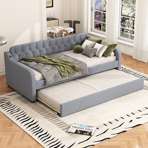 Moimhear - Divano letto, 90 x 200 cm, con letto estraibile e porta USB, colore: beige (grigio)