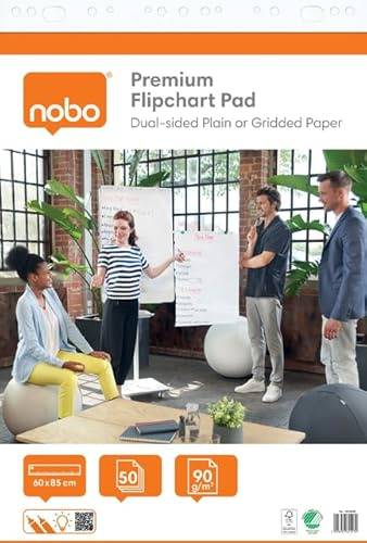 Nobo 1902450 - Bloc de Papel Premium Tipo Rotafolio para Caballete de 60x85cm, Papel Liso o Cuadriculado por Ambas Caras, 50 Hojas, 90g/m², Plano