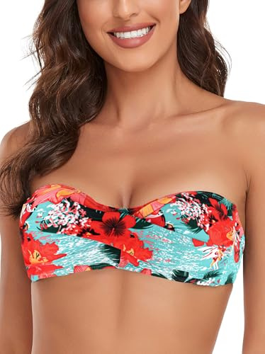 Ocean Blues Maillots de bain sans bretelles pour femmes bandeau bikini haut à nouer dans le dos, motif floral bleu, L