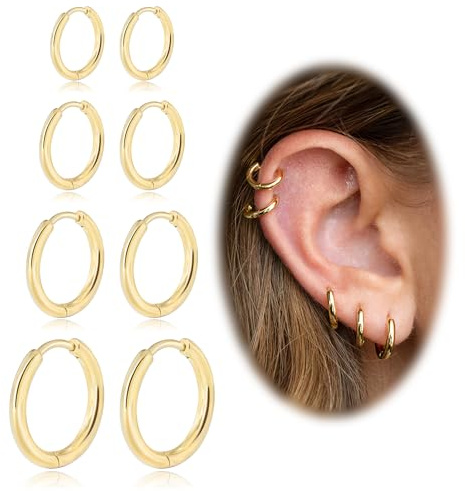 Orecchini a cerchio in oro e argento, per donne e uomini, orecchini Huggie, per cartilagine ed elice, ipoallergenici, in acciaio inox, 6/8/10/12 mm, 6/8/10/12mm, Acciaio inossidabile, Zircone
