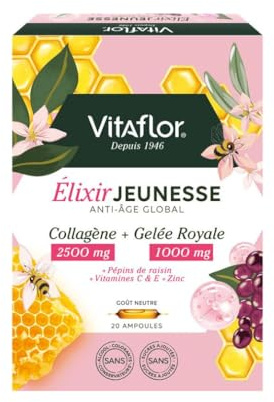 ÉLIXIR JEUNESSE Collagène 2500 mg & Gelée Royale 1000 mg | 20 Ampoules | Complexe Antioxydant Vitamines C, E & Zinc | Complément Alimentaire Anti-Âge | Fermeté & Élasticité de la Peau | VITAFLOR