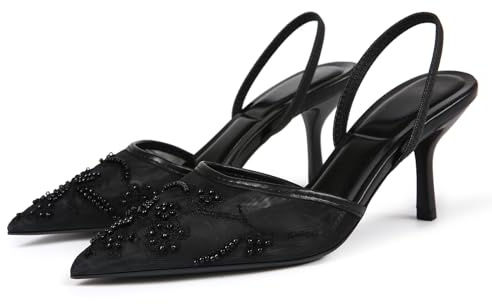 Cantianshu Fashion Mesh Slingback Pumps Shoes for Women Ankle Strap Pointed Toe Pumps Stiletto Heels Backless Dress High Heels Evening Party Shoes Black Size Size 42