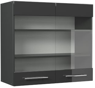 Vicco Armario de Cocina con Vidrio Fame-Line, Antracita Alto Brillo, 80 cm, para Combinar con Otros módulos de la Serie Fame-Line