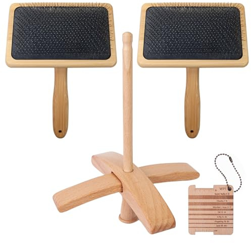 TALOEYH - 4 PCS Carders Hand Carding Set, Wool Carders, Craft Wool Needle Felting Tools with Solid Wood Handle, Wooden Drop Spindle and Knitting Gauge Ruler for Pet Wool Carpet (15.2 * 10.2cm)